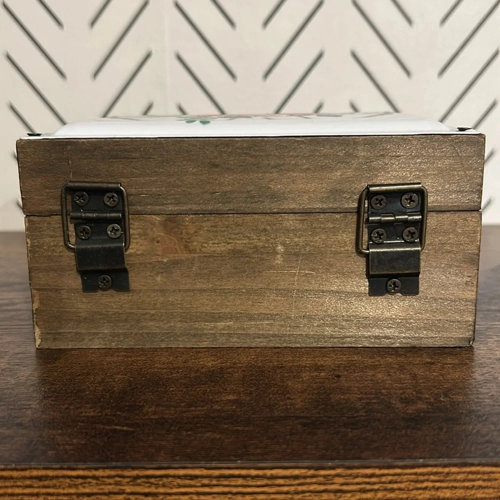 Wooden Trinket Jewelry Storage Box Floral Enamel Tin Top Metal Clasp Closure
